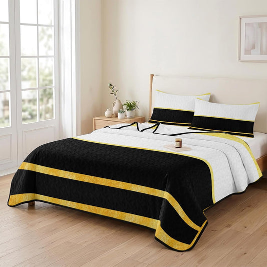 Summer Quilts Twin XL Size, Lightweight Quilted Coverlet Modern Black Gold Comforter Set for Bed, All Season Minimalist Geometric Yellow Striped Soft Quilt Bedding with 2 Pillowcases 68x98 Inch