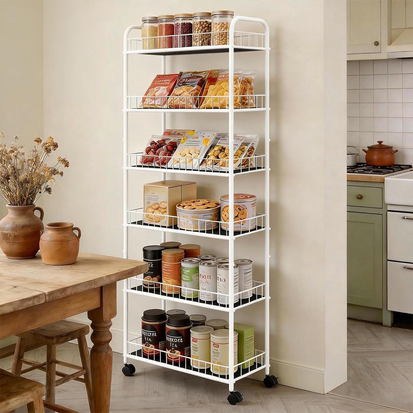 6-Tier Slim Storage Cart with Wheels, Metal 6in Narrow Rolling Shelf, Sturdy Slim Storage with Hooks Ideal for Kitchen, Bathroom, and Laundry Room, Yellow