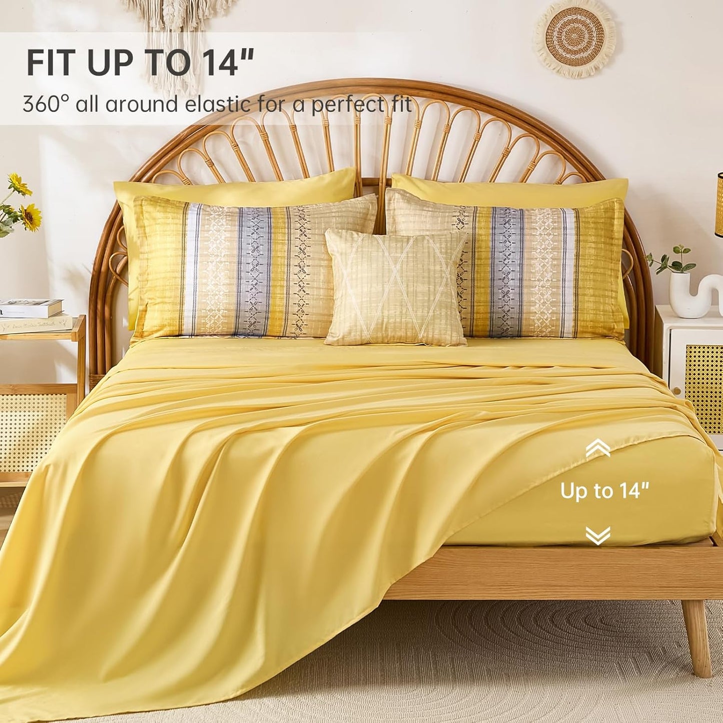 Boho Queen Comforter Size Set, 8 Pieces Yellow Striped Texture Bed in a Bag Bedding Sets, Lightweight Soft Bohemian Comforter and Sheet Set, All Season Microfiber Teen Boys Bedding Sets for Men Women
