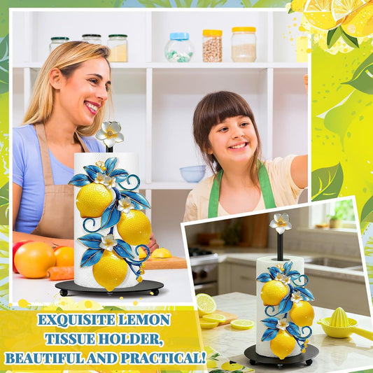 Mediterranean Capri Lemon Paper Towel Holder with Round Base Yellow Lemon Blue Leaf Bathroom Decor Rustic Housewarming Gifts Dispenser Kitchen Paper Holder Stand for Countertop Home Accessories