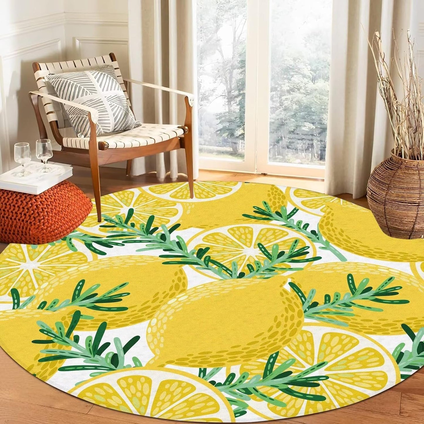 6Ft Lemon Round Rug Yellow Circle Rugs for Bedroom Dorm Living Room Lemon Tree Area Rug Floor Mat Pad Doormat Carpet, 6'X6'(180x180cm)