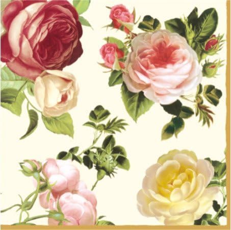 Paper Luncheon Napkins 40pcs 13"x13" 4-color Roses White, Yellow, Light & Dark Pink, Decoupage