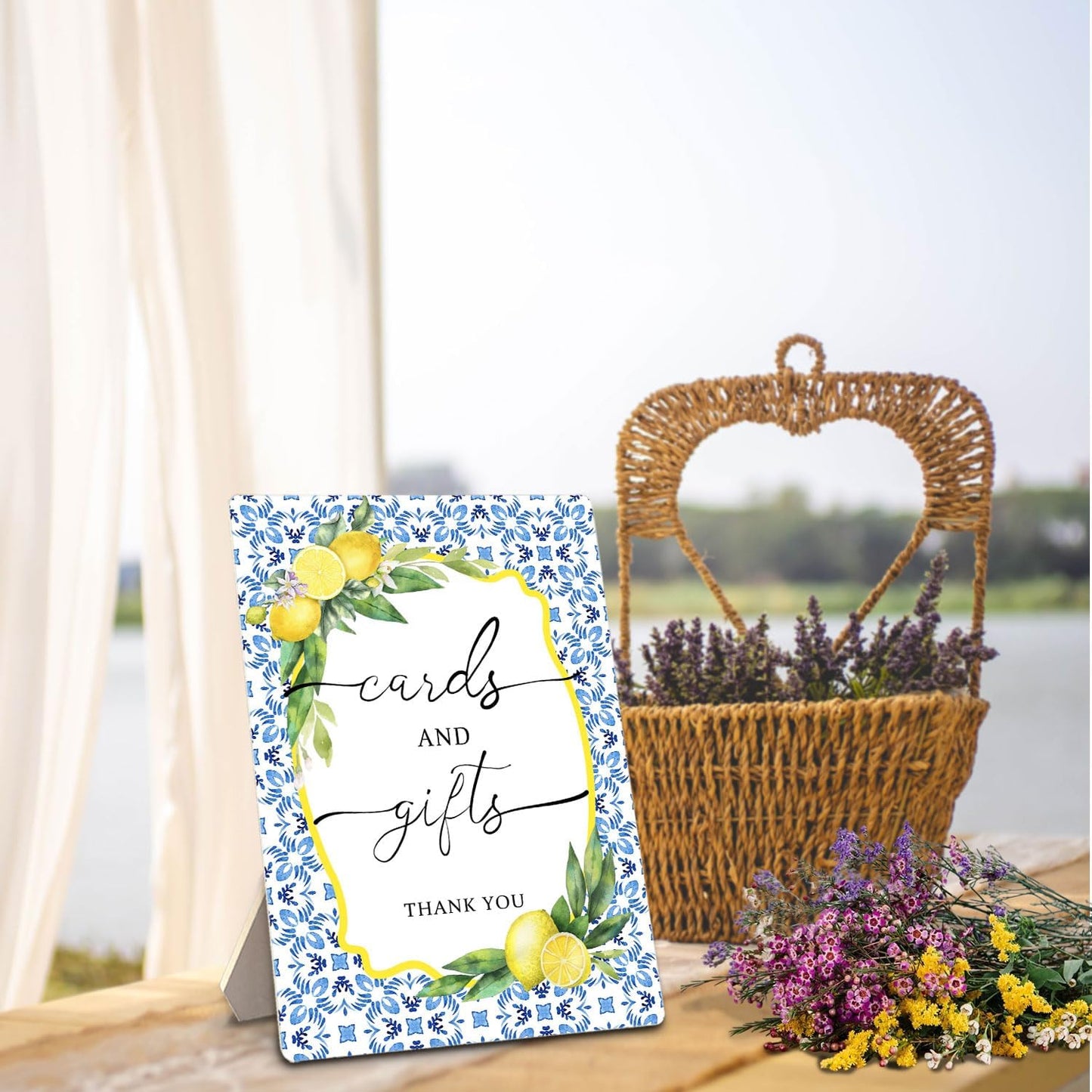 Cards and Gifts Sign, Mediterranean Italian Lemon Wedding Wooden Stand Sign 5x7 Inch, Blue and White Wedding Signs Decorations for Ceremony and Reception Table Desk Decor