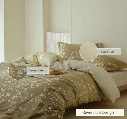 Comforter Queen Size - 100% Cotton Gradient Mustard Yellow Floral Reversible Comforter Set, Luxury and Breathable Bedding Set for All Season, 3 Pieces, 90"x90"