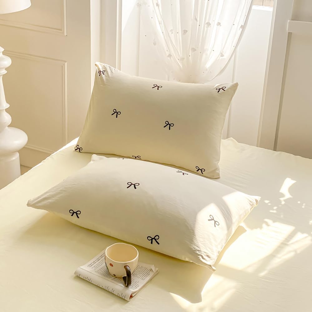 Bow Duvet Cover Queen Size Reversible Aesthetic Duvet Cover 3 Pieces Soft Lightweight Microfiber Kids Girls Cute Dorm Bedding Set, White/Yellow