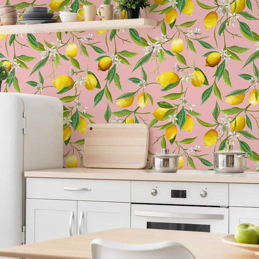 Pink Lemon Wallpaper Stick and Peel Vintage Fruit Wallpaper for Kitchen Bathroom Nursery 17.7''x118'' Prepasted Removable Lemon Floral Wallpaper Pink Contact Paper for Cabinets Drawers Shelves