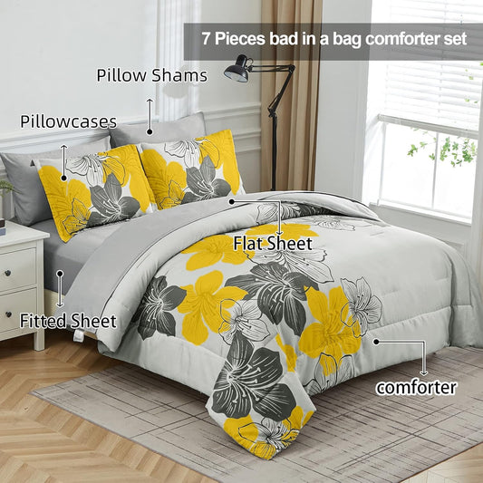 Yellow Comforter Set Queen Size, Yellow Floral Pattern Printed on Light Grey, Soft Microfiber 7 Pieces Bed in a Bag (1 Comforter, 2 Pillow Shams, 1 Flat Sheet, 1 Fitted Sheet, 2 Pillowcases)