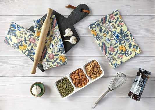 100% Cotton Decorative Kitchen Towels - Set of 3 Dishcloths - 19 x 27 inches - Light Yellow Kitchen Towel - Absorbant Kitchen Dishcloth for Dryng Dishes - Indian Block Print Tea Towels