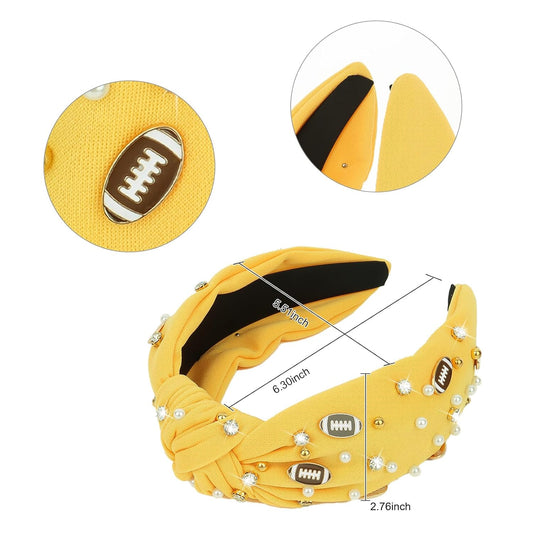 Football Headband for Women Crystal Jeweled Knotted Headband | Fashion Headbands Wide Game Day Sports Hair Accessories Gift for Football Mom Fans Christmas (Yellow)
