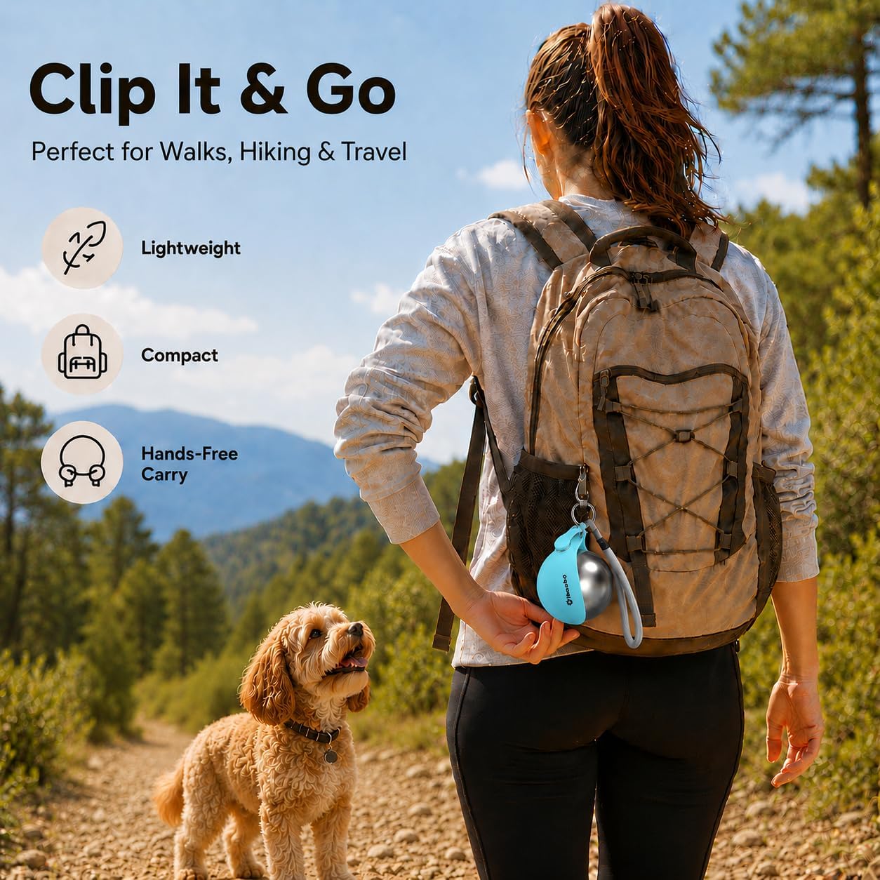 Portable Dog Water Bottle with Collapsible Silicone Bowl 10 oz | Stainless Steel Water Ball | Compact with Clip & Rope | Travel Pet Dispenser | for Small Dog & Puppy | Walking Hiking Beach