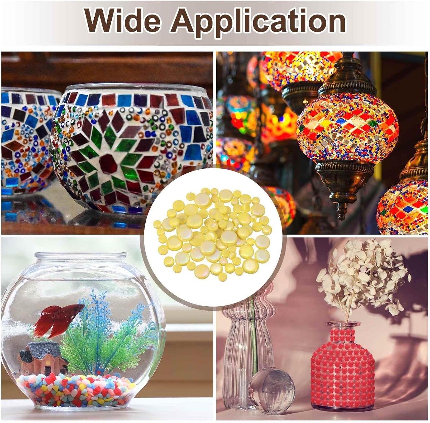 200g Round Mosaic Tiles for Crafts, Multi-Size Iridescent Mosaic Glass Bulk for DIY Art, Home Decoration, Vases, Mugs, Flower Pots (Yellow)
