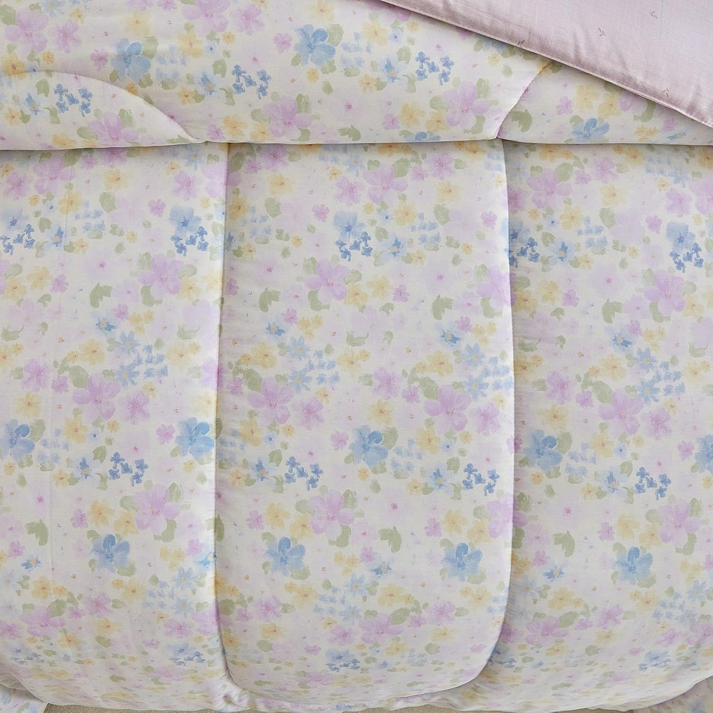 3pcs Floral Cotton Comforter Set for Girls, Purple Blue Yellow Flowers Design, Twin Size Soft n Cozy Kids Bedding Comforter for All Season- 68x88 inches