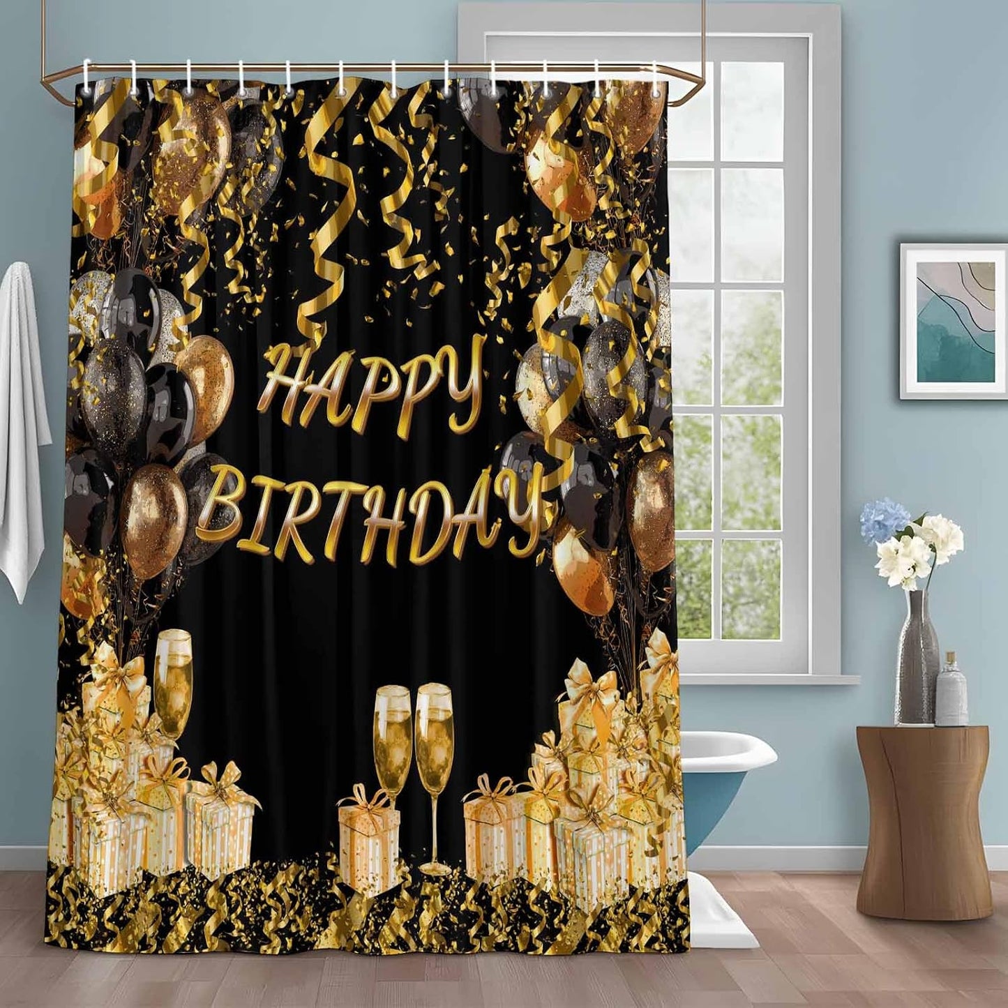54x78 Inch Shower Curtain Decorative Happy Birthday Bathtub Bath Curtains Fabric Bathroom Decor, Gifts Golden Black Balloons Goblet Glitter Ribbons Small Stall Shower Curtain Set with 12 Hooks