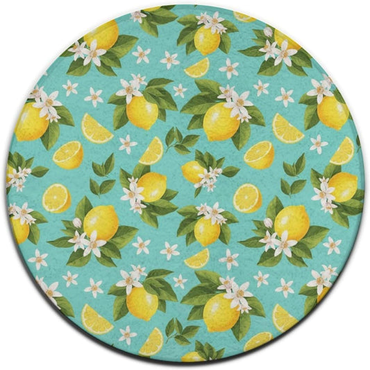 Washable Area Rug 3ft for Bathroom, Tropical Fruits Mint Green Leaves Flowers Watercolor Lemon Soft Indoor Floor Mat Stain Resistant Round Mat for Bedroom Dining Room