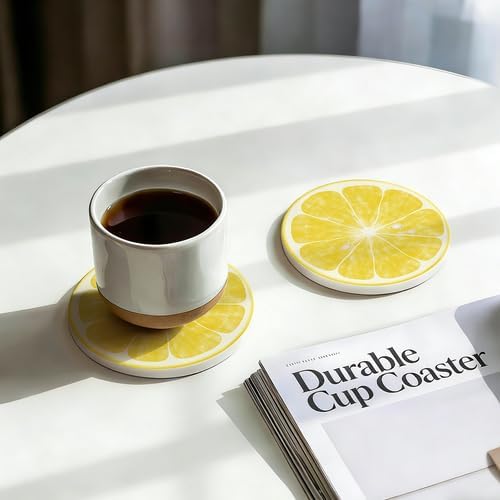 6Pcs Non-Slip Drink Coasters with Metal Holder, 4.1in Ceramic Coasters with Cork Base, Viral Summer Coastal Lemon Slice Coaster Set for Cup Mug Kitchen & Outdoor Patio Decor