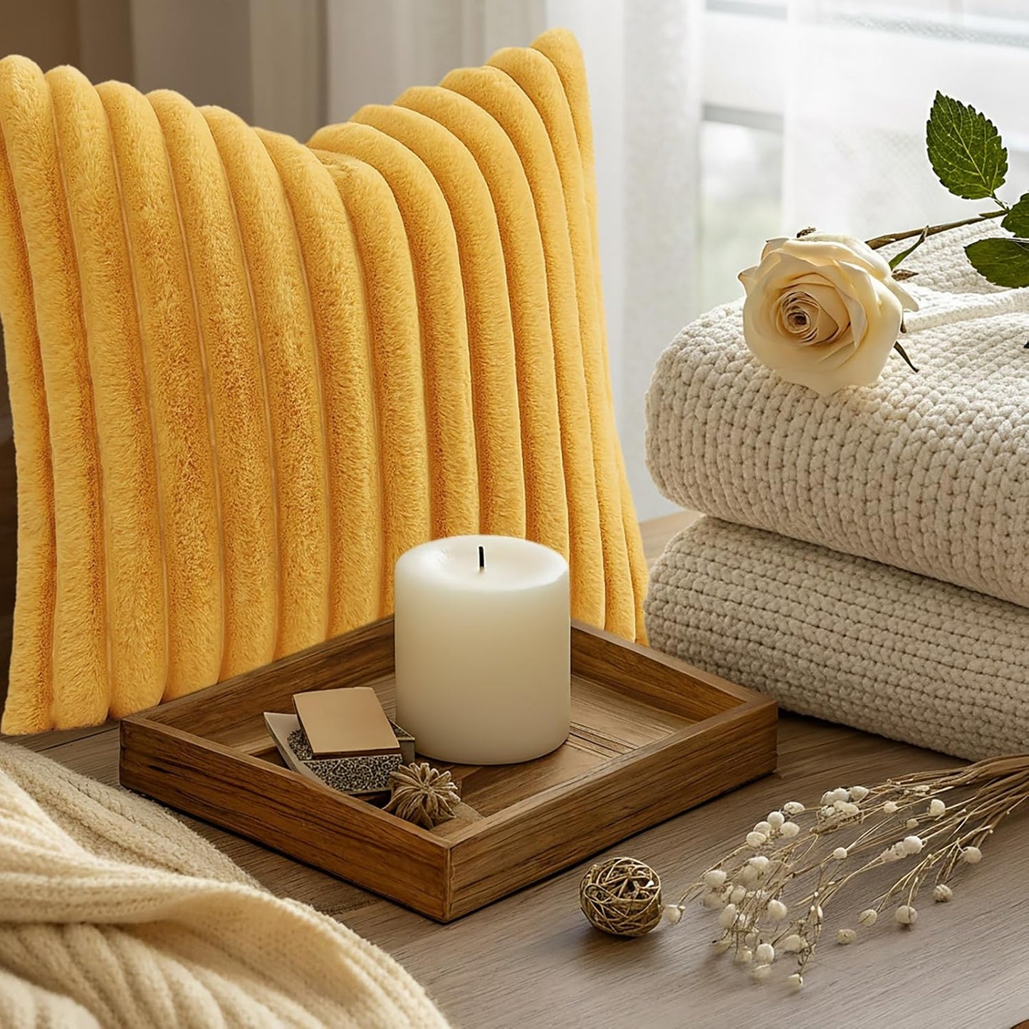 Fall Faux Fur Throw Pillow Covers 26x26 Set of 2 Mustard Yellow | Decorative Soft Cozy Striped Plush Modern Farmhouse Boho Couch Pillow Cases Velvet Back for Sofa Bed Living Room Home Decor