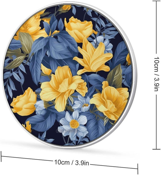 Blue Base Yellow Floral Wireless Charger Qi-Certified Fast Wireless Charging Pad with USB Cable Portable Charging Station Slim Charger Mat for Most Wireless Charging Smartphones