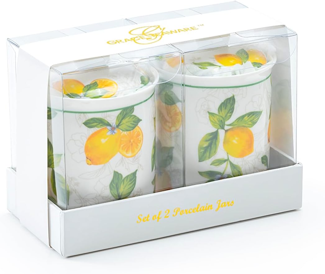 Grace Teaware Lemon Garden Fine Porcelain Spices Jars with Silicone Gasket Set of 2 with Gift Box, Regular