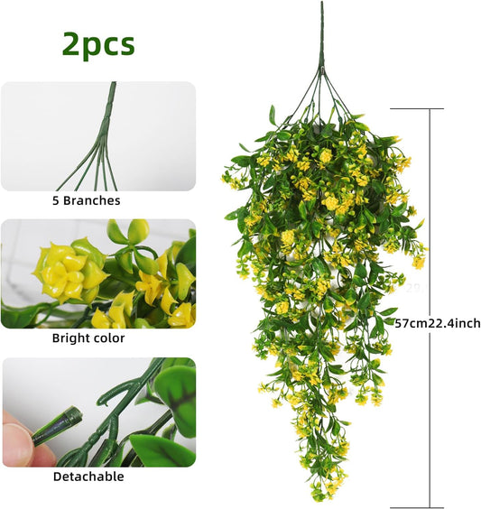 Artificial Fake Hanging Flowers Plants for Outdoors Decor 2Pcs | Faux Fall Flowers with Eucalyptus Leaves UV Resistant Plastic Greenery Vines for Planters Porch Patio Garden Decor(Yellow)