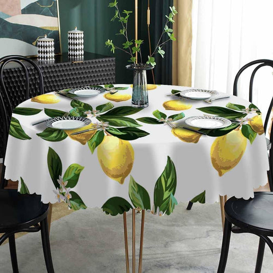 Yellow Lemons Table Cloth Flower Leaves Cool Summer Fresh Fruit Round Tablecloth 60 Inch for Dining Room, Party, Banquet