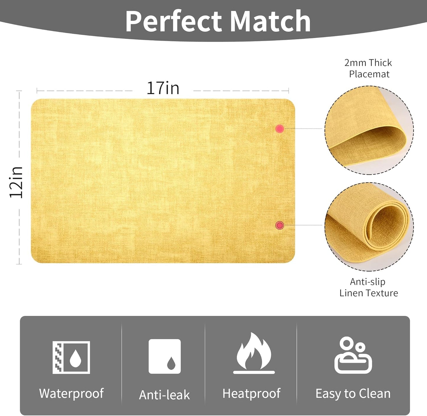 Faux Leather Placemats Set of 4 - Waterproof - Wipe Clean - Heat Resistant - Anti Slip Dining Table Place Mats, Suitable for Indoor & Outdoor Use, 17’’×12’’, Light Yellow