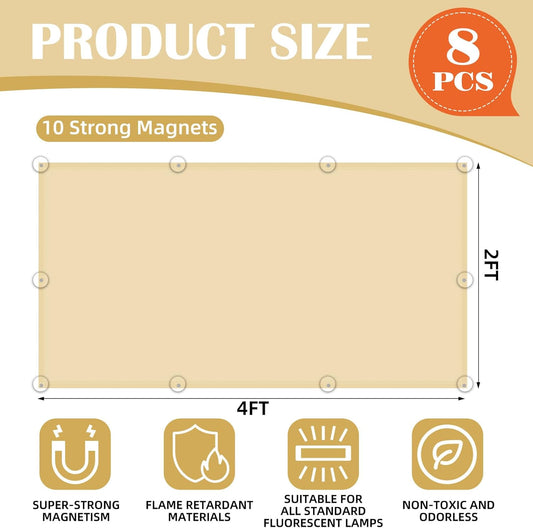 8 Pcs Fluorescent Light Covers - 4 x 2 Feet Covers for Ceiling Lights, 8 x 10 Magnetic Light Filters for Classroom, Office, Hospitals (Warm Yellow)
