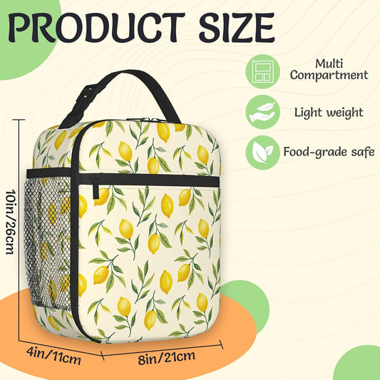 Watercolor Lemon Lunch Box for Men,Green Leaves Lightweight Reusable Lunch Bag for Girls Boys,Portable Insulated Small Cooler Bag for Picnic,Travel,School,Office