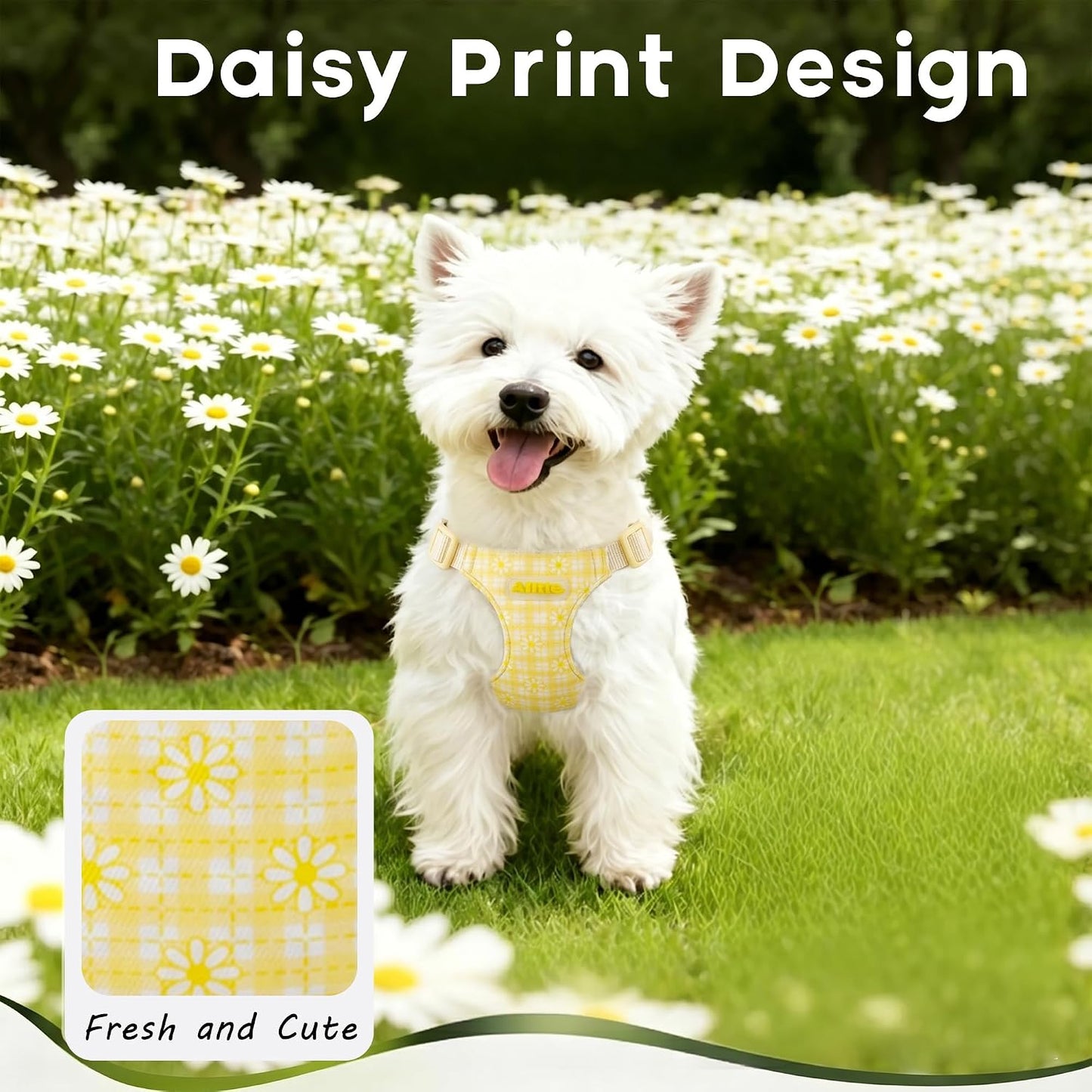 Small Dog Harness and Leash Set No-Pull Adjustable Vest, Yellow XS | Step-in Design, Breathable Soft Daisy Pattern Puppy Harness, Reflective, Leash Included, for Small-Medium Dogs