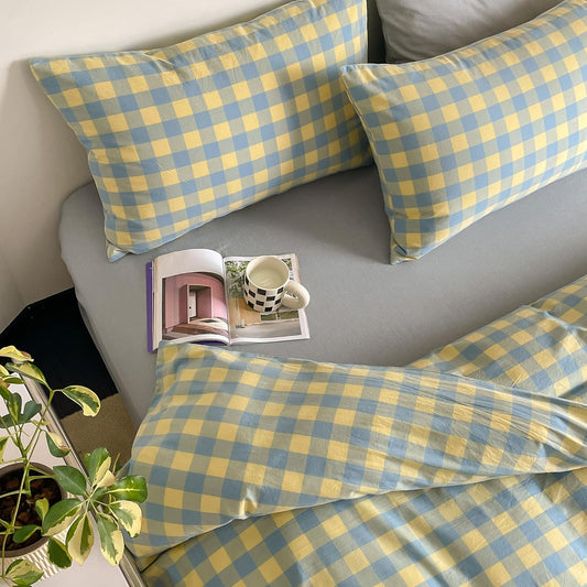 Plaid Duvet Cover Set Twin Yellow - Soft Washed Cotton Modern Geometric Bedding Set with 2 Pillowcases, Blue Green Gingham Grid Twin Duvet Cover for Men & Women, Soft & Lightweight