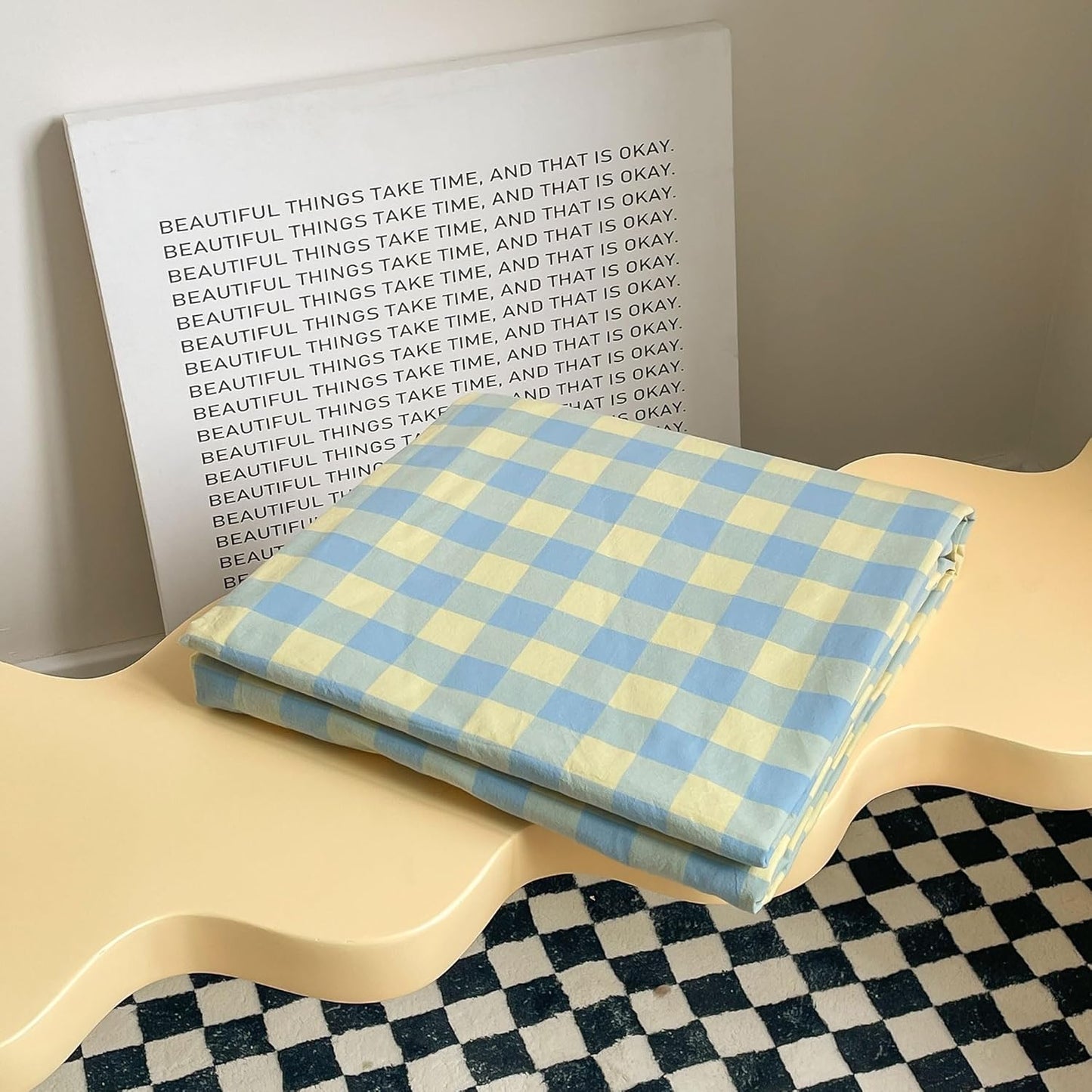 Plaid Duvet Cover Set Twin Yellow - Soft Washed Cotton Modern Geometric Bedding Set with 2 Pillowcases, Blue Green Gingham Grid Twin Duvet Cover for Men & Women, Soft & Lightweight