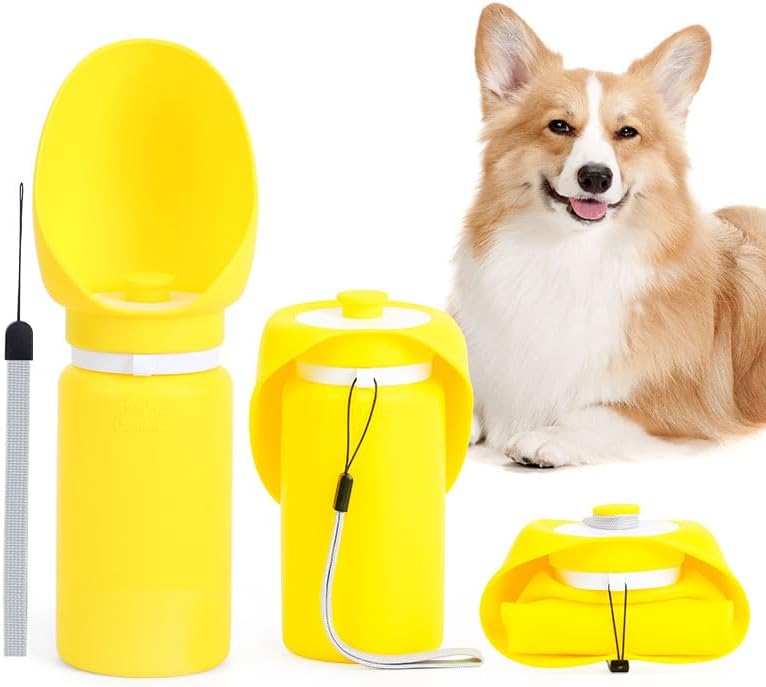 Collapsible Dog Water Bottle, 19oz Portable Pet Travel Water Cup with Built‑in Bowl, Leak Proof Food Grade Silicone, One Hand Operated Outdoor Dispenser for Walking Hiking Camping (Vibrant Yellow)