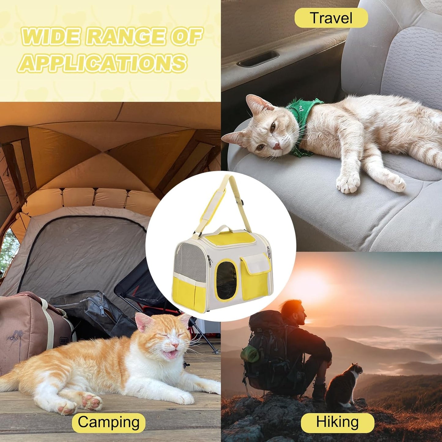 Cat Carrier for Pet, Adjustable Shoulder Strap, Breathable Dog Carrier Cat Carrying Case Pet Travel Bag (Yellow), Intended for Hiking/Camping/Traveling