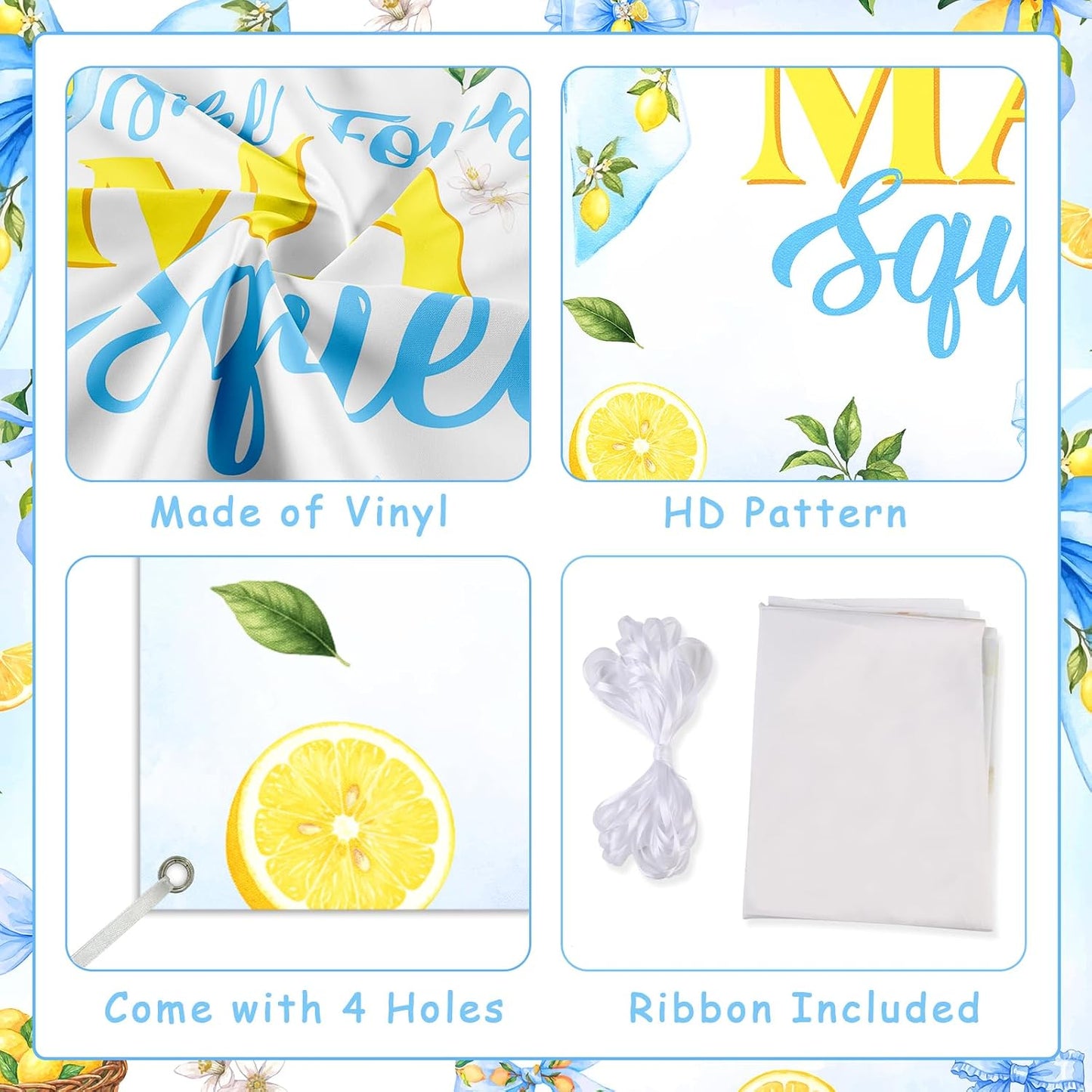 Blue Bow Lemon Bridal Shower Backdrop for Bride She Found Her Main Squeeze Party Decoration Vinyl Photo Booth Banner with Grommets and 19.7ft White Ribbon for Bachelorette Event Decor
