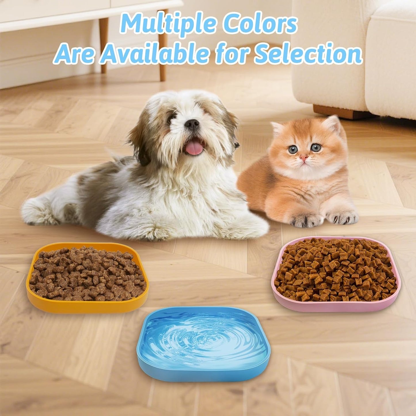 2PCS Silicone Cat Bowls Set 5.9 x 5.9 in Shallow Dog Dish Whisker Friendly Cat Food Plate for Dry & Wet Food Dishwasher Safe Non-Slip Pet Feeding Bowls for Kittens and Puppies (Yellow)