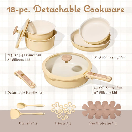 18 Pcs Ceramic Cookware Set Detachable Handle, Non Toxic Pots and Pans Set Non Stick, Induction Kitchen Cookware Removable Handles, Oven Safe, Stackable RV/Camping Cooking Set, Yellow