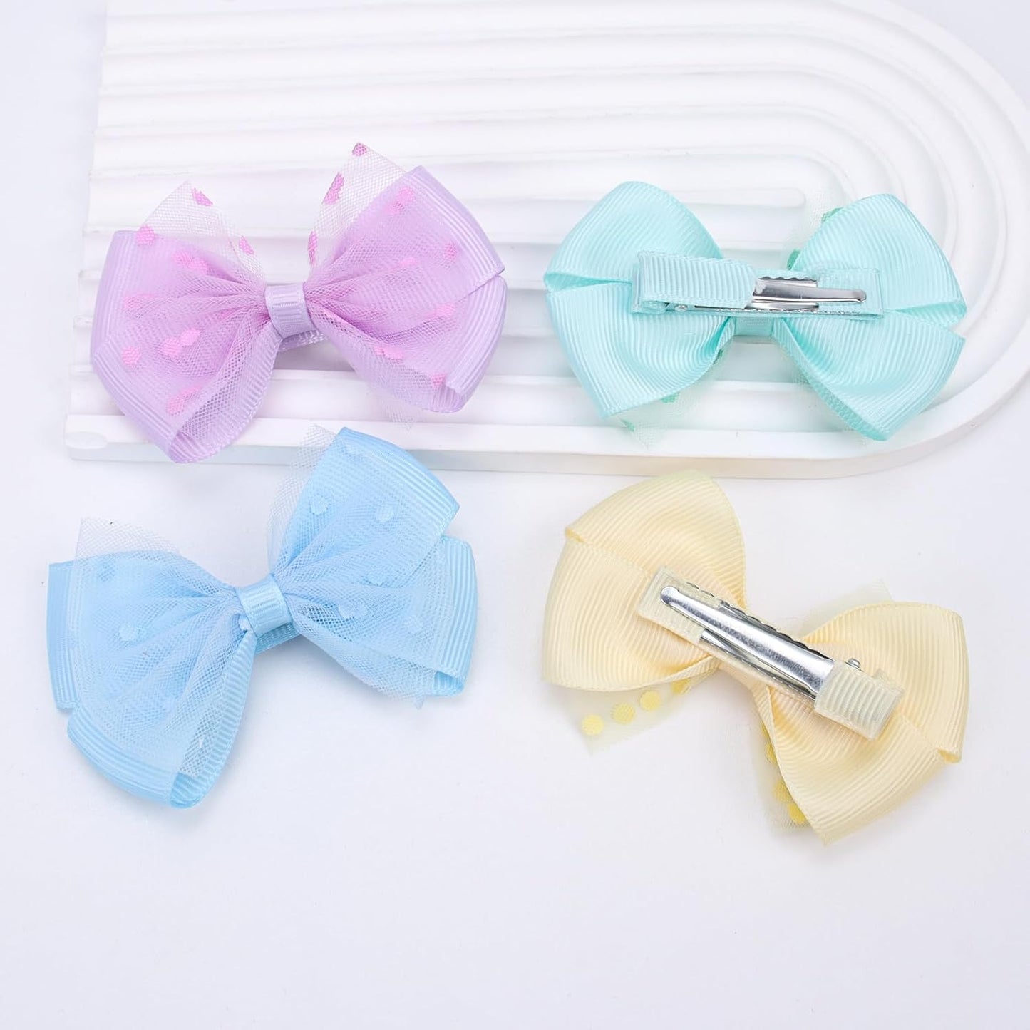 Tiny 3 Inch Dot Organza Double Hair Bow Clips - Cute Lined Boutique Alligator Hairpin for Girls, Toddlers, and Little Teens - Kids Barrettes Set of 2 Small Stylish (Yellow)