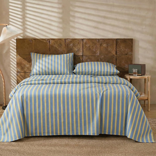 Blue & Yellow Striped Sheet Set Queen Size, 100% Cotton Fitted Sheet Set with Deep Pockets, Crisp Cool Feeling, Ribbon Stripes Design, 4-Piece All Season Bedding