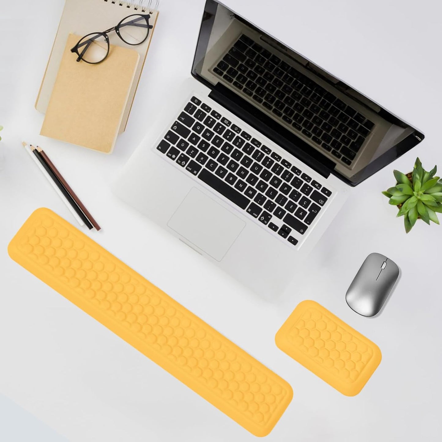 Leather Wrist Rest for Keyboard and Mouse, Comfort Memory Foam Wrist Rest with Non-Slip PU Base, Ergonomic Keyboard Wrist Support for Typing Pain Relief, Protect Hand and Arm (Yellow)