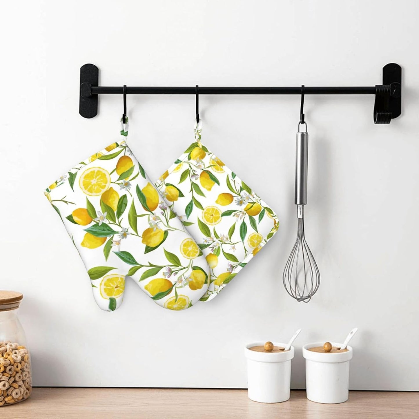 Lemons Oven Mitts and Pot Holders 4 pcs Set Silicone Lemon Fruits White Flower Kitchen Oven Mitt Gloves Lemons Pot Holders Non-Slip Heat Resistant Cooking Mitts Set for Kitchen Baking Grilling