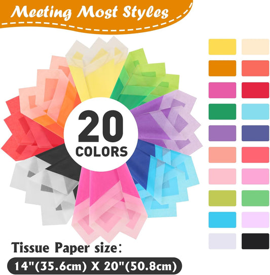 200 Sheets Tissue Paper, 20 Colors 14" X 20" Tissue Papers for Gift Bags Birthday Party Flower Decoration, Colored Tissue Paper Bulk for Packaging