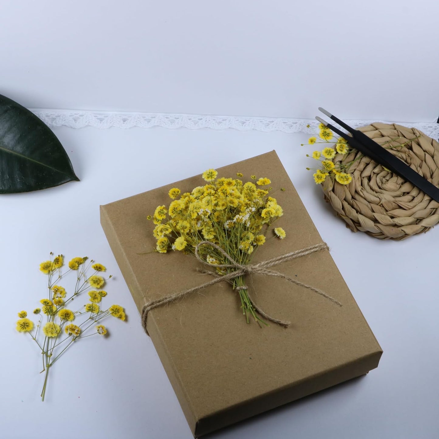50 Pcs Yellow Small Dried Babys Breath Flowers for Resin ,Real Dried Babys Breath Pressed Flower for Wedding Invitations Wax Seals ,Dry Flat Baby's Breath Flower with 1 Tweezers.