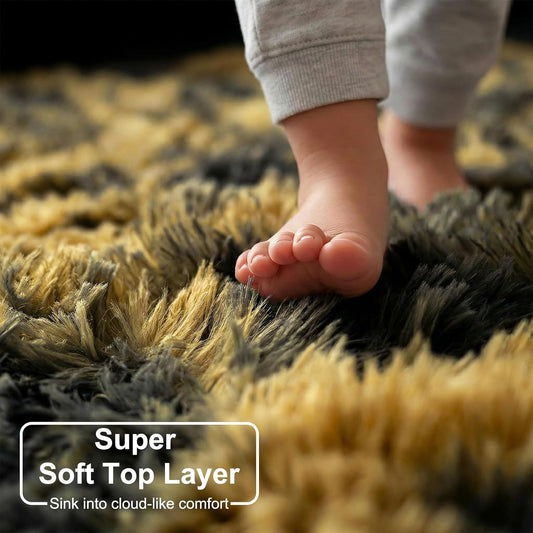Black Gold Yellow Grey Rugs for Bedroom Living Room Decor, Fluffy Furry Fuzzy Shaggy Area Rug 4x6 for Kids Room Dorm Home Office, Modern Cool Leopard Cheetah Shag Carpet for Teen Boys Men