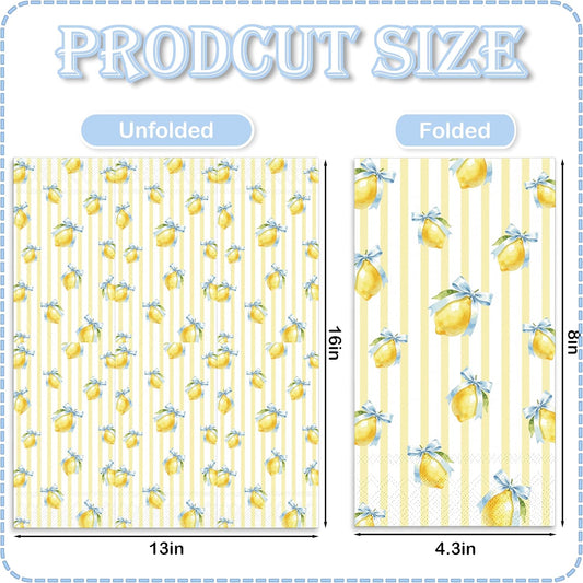 50 Pcs Lemon Paper Napkin Yellow Stripe Lemon Bow Guest Napkins Watercolor Summer Fruit Disposable Luncheon Napkins for Summer Birthday Party Supplies