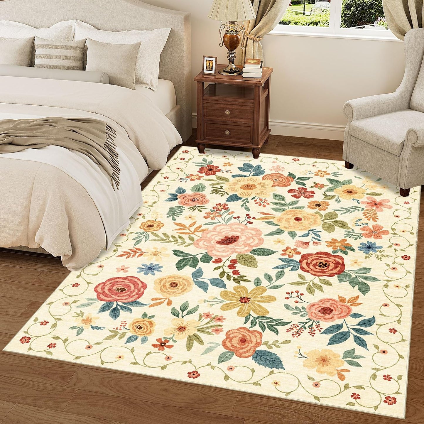3x5 Area Rug, Floral Rugs for Living Room, Lightweight Non Slip Washable Rug, Indoor Low Pile & Non-Shedding Boho Design Rugs for Bedroom, Living Room, Dining Room, Beige Yellow