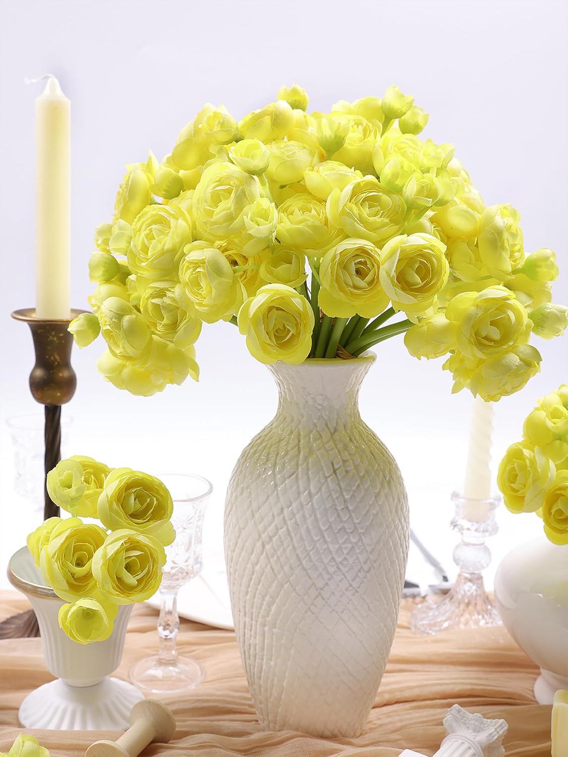 32Pcs Yellow Ranunculus Artificial Flowers for DIY Home Wedding | Fake Peonies, Real Touch Silk Faux Mini Ranunculus Filler Flowers Bulk for Vase Centerpieces, Bridal Shower Decor