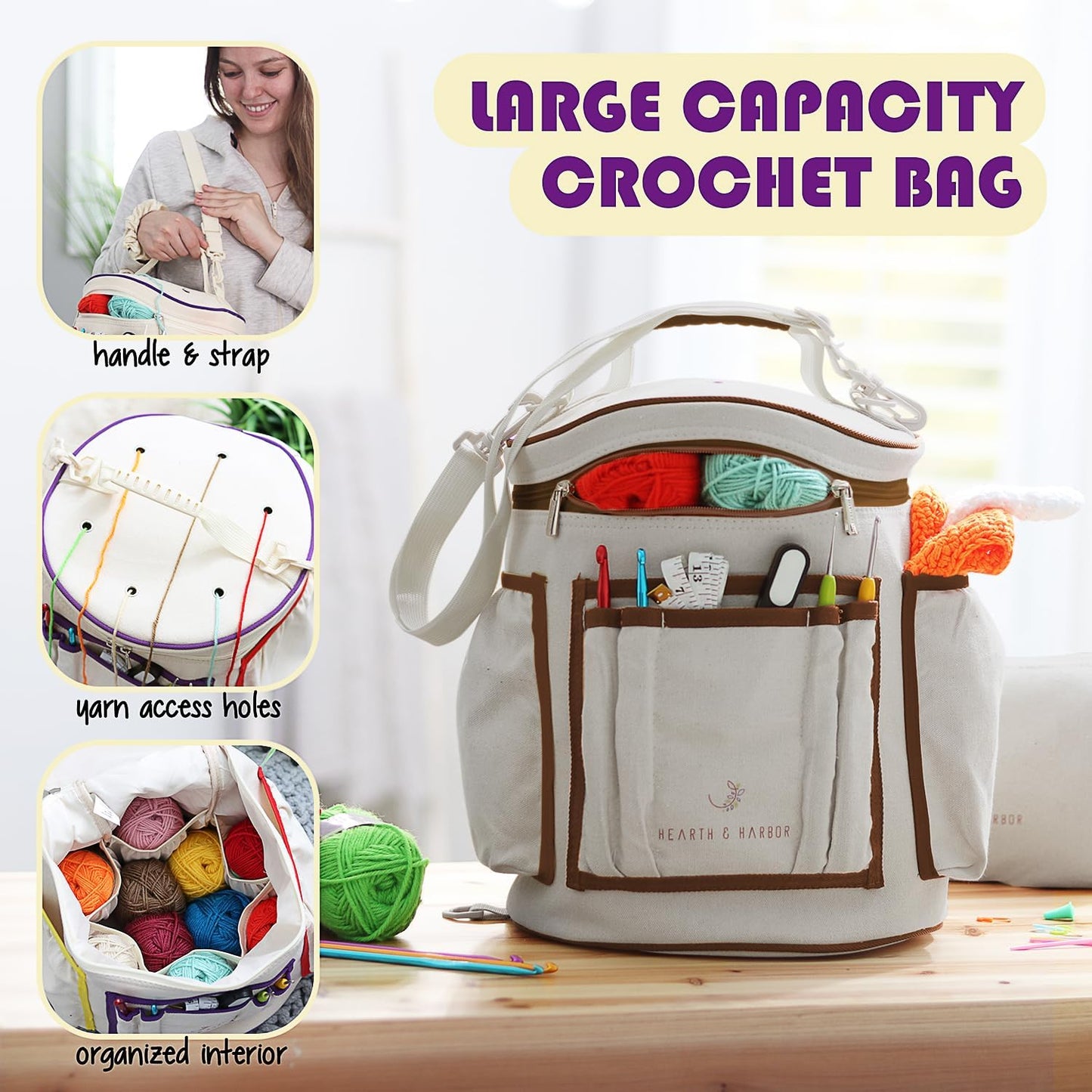 Crochet Bag Organizer – Durable Knitting Bag, Yarn Organizer for Accessories and Supplies, Canvas Yarn Holder, Crochet Carrying Case with Accessories Pouch, Storage Organizer –Mustard