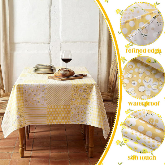 Floral Yellow Gingham Tablecloth Vintage Patchwork Tablecover Rectangle 60x84 Inch Rustic Yellow Striped Table Cloth Plaid Quilted Tablecloths for Kitchen Dining Summer Picnic Party Decor