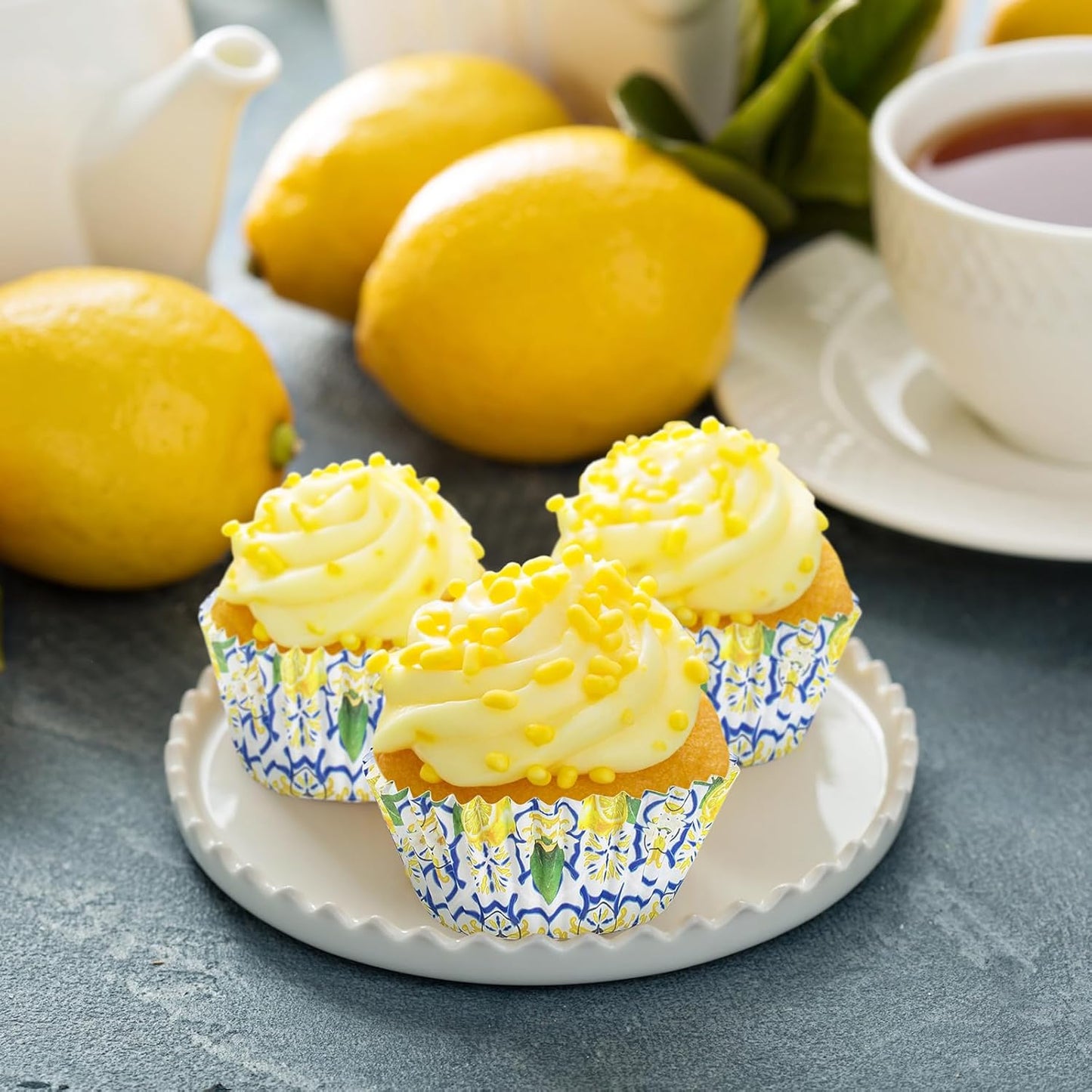 200 Count Blue Tile Lemon Cupcake Paper Liners Lemon Baking Cups Found Her Main Squeeze Bridal Shower Decorations Cupcake Wrappers Disposable for Wedding Graduation Birthday Party Decorations