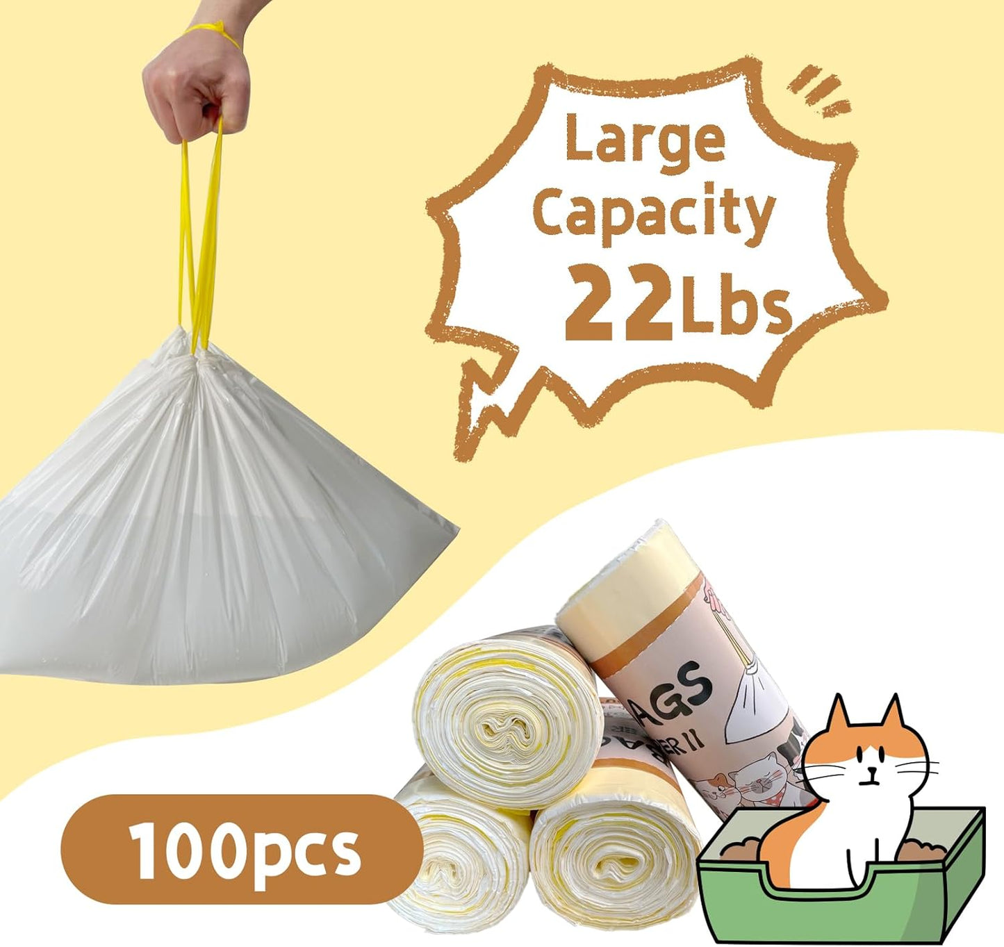 100 Count Cat Litter Box Liner Bags for Pet Pivot Open-Top Pet Automatic Self Cleaning Cat Litter Box, Waste Bags, 25.19" x 11.8"Heavy Duty Replacement Trash Bags with Drawstring (Yellow)