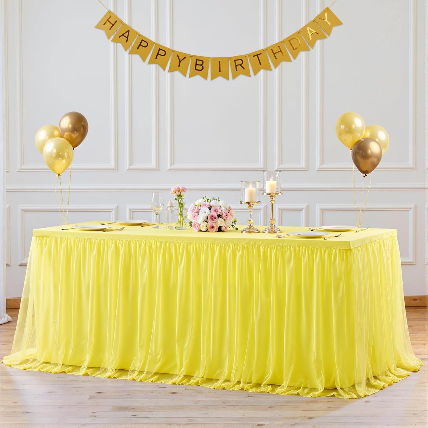 Yellow Tulle Tablecloth for 6 Foot Rectangular Tables 6ft Yellow Rectangle Table Cloth Wrinkle Free Table Cover with Tutu Skirt for Birthday Cocktail Banquet Buffet Lemon Citrus Fruit Party Decoration